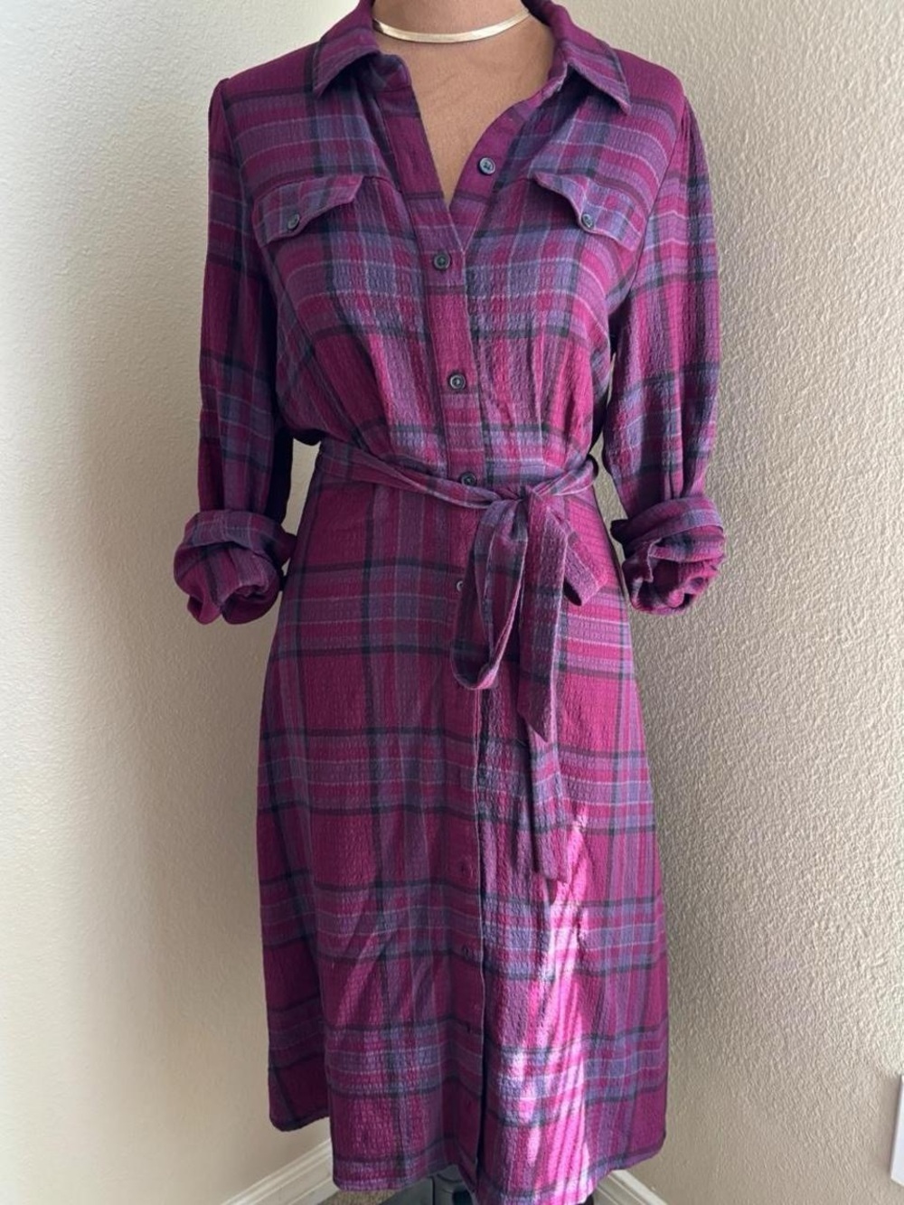 Maurices purple and red plaid dress with tie waist, size XS
